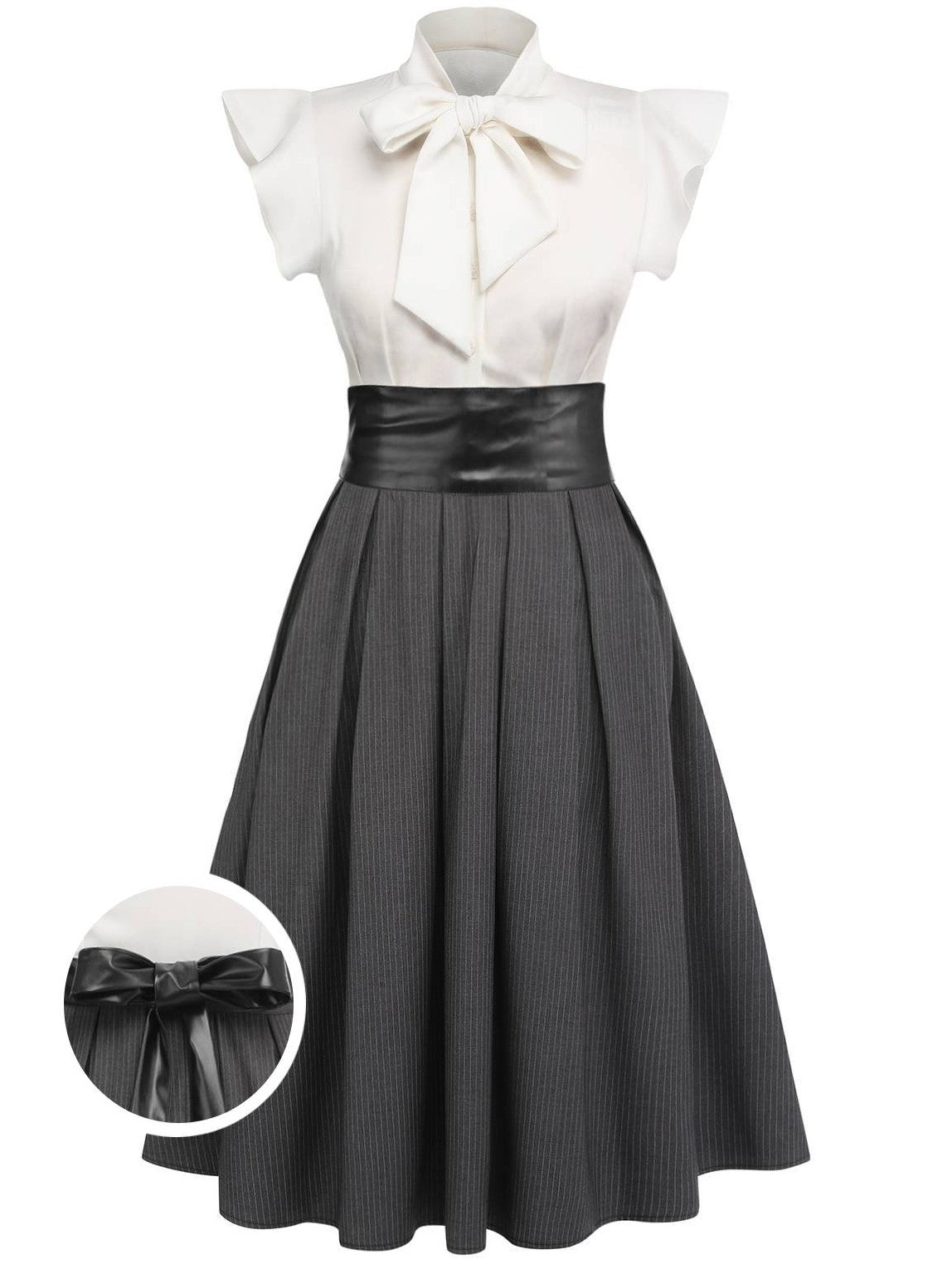 White & Gray 1950s Lace-Up Swing Dress