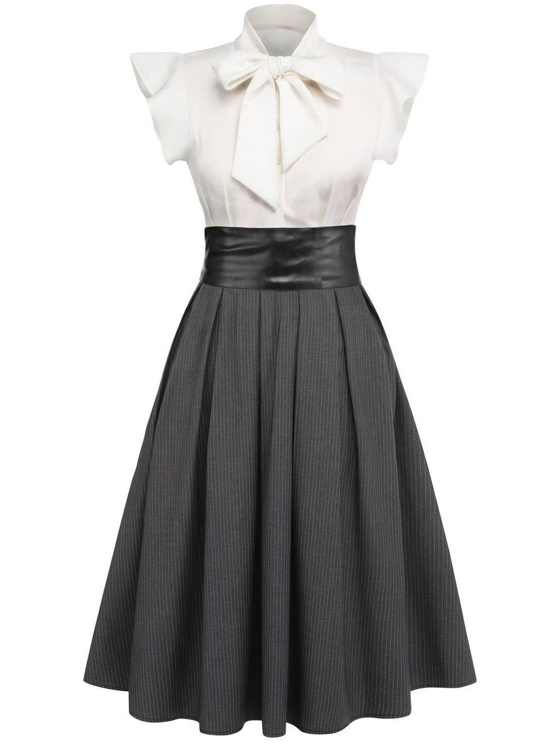 White & Gray 1950s Lace-Up Swing Dress