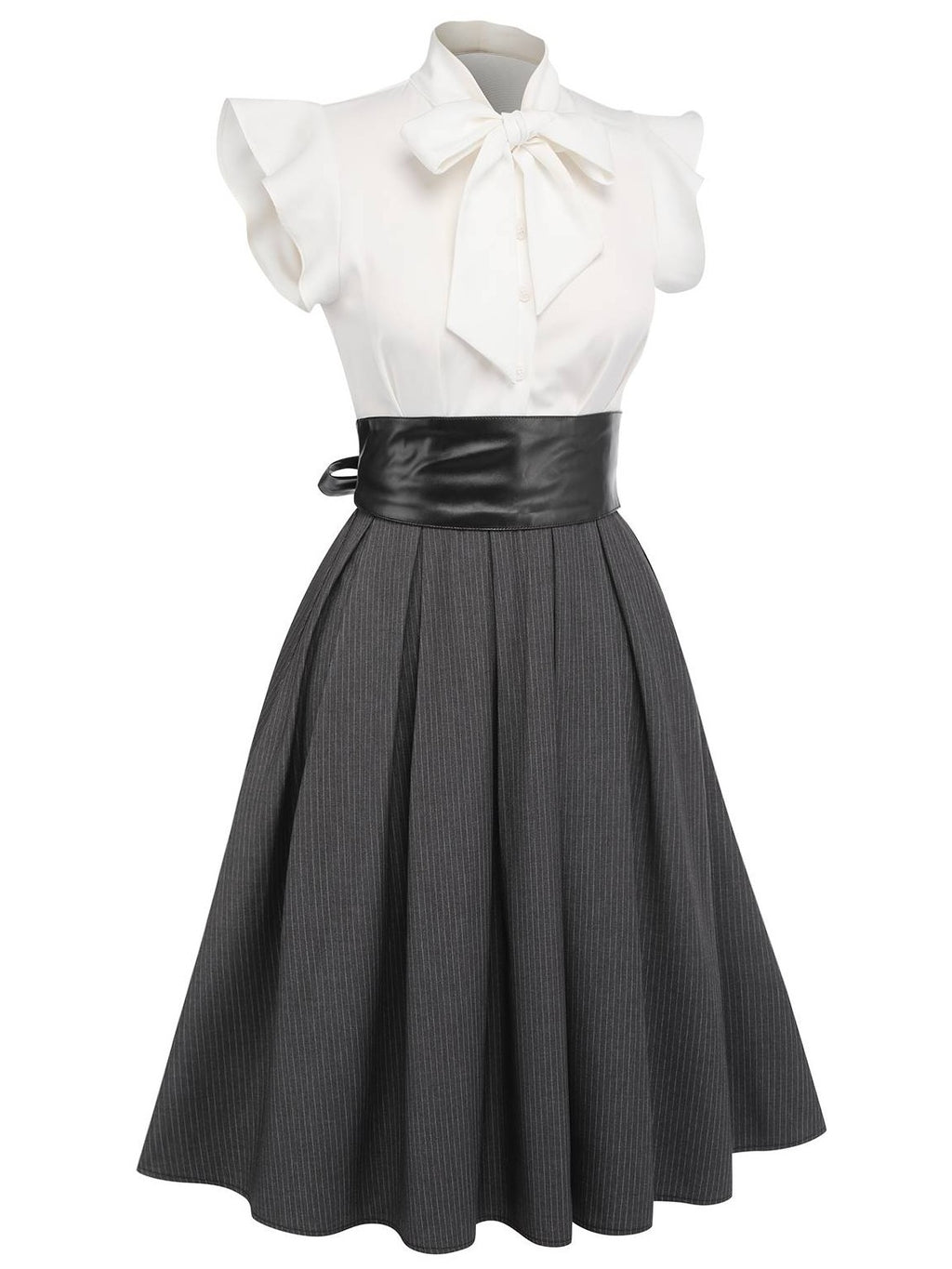 White & Gray 1950s Lace-Up Swing Dress