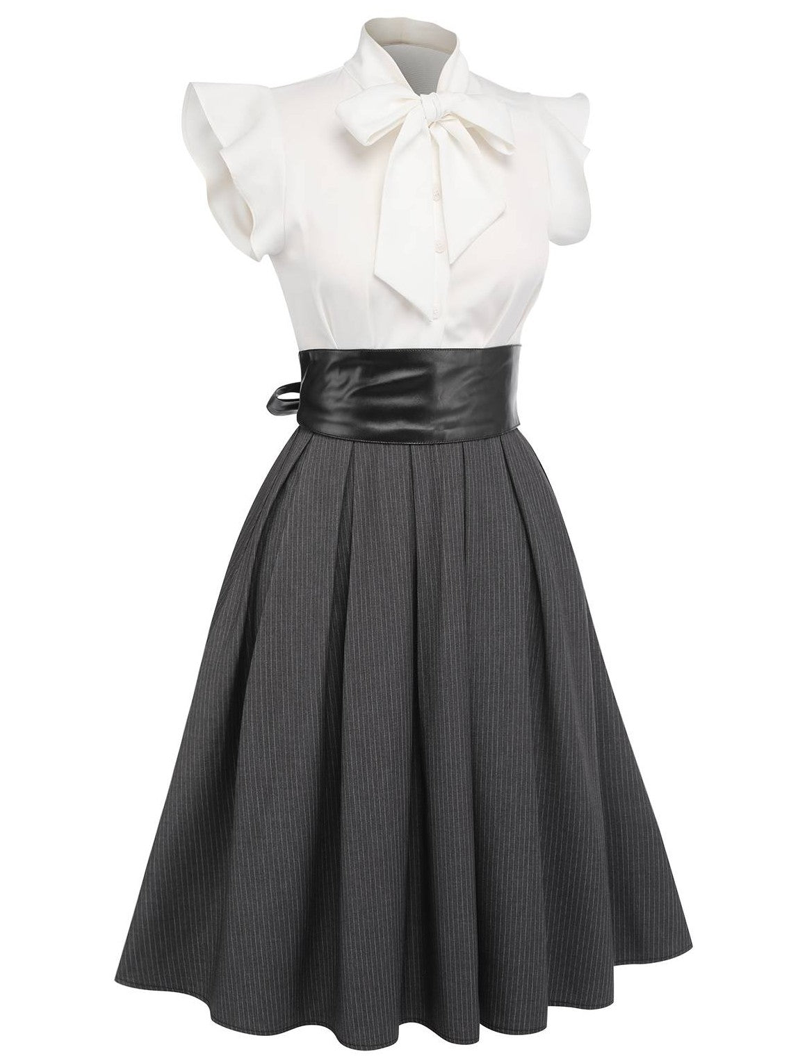 White & Gray 1950s Lace-Up Swing Dress