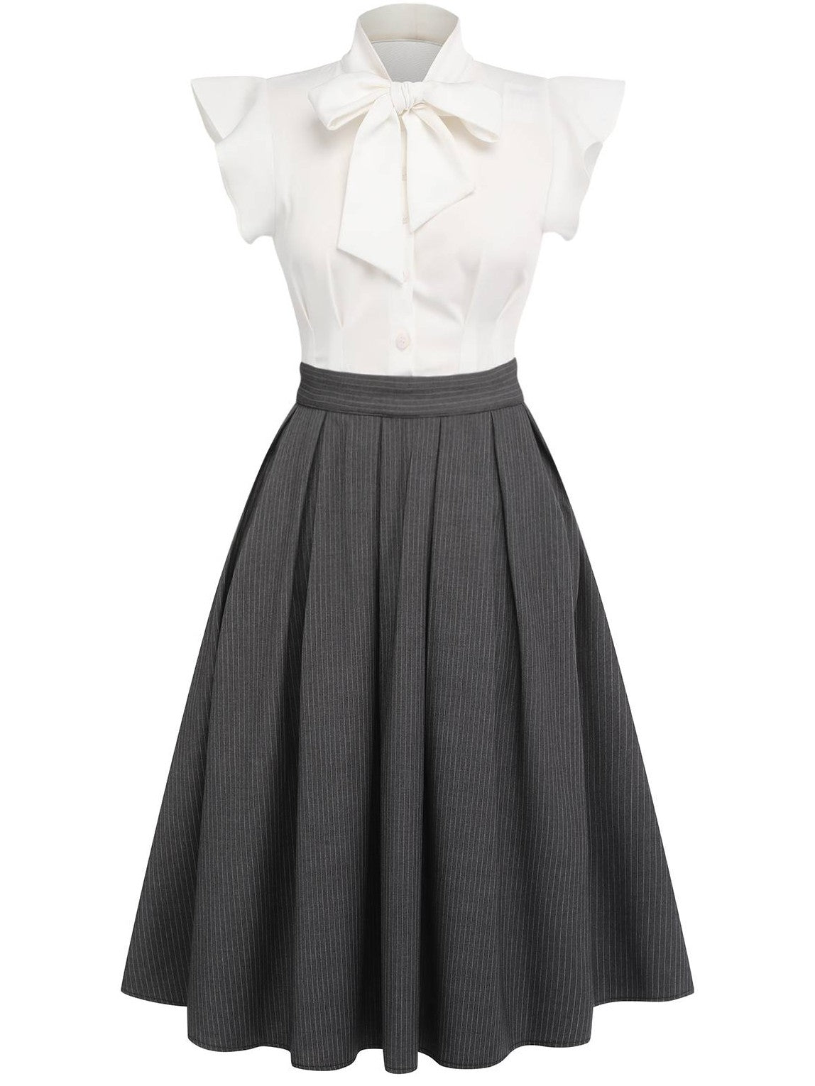 White & Gray 1950s Lace-Up Swing Dress