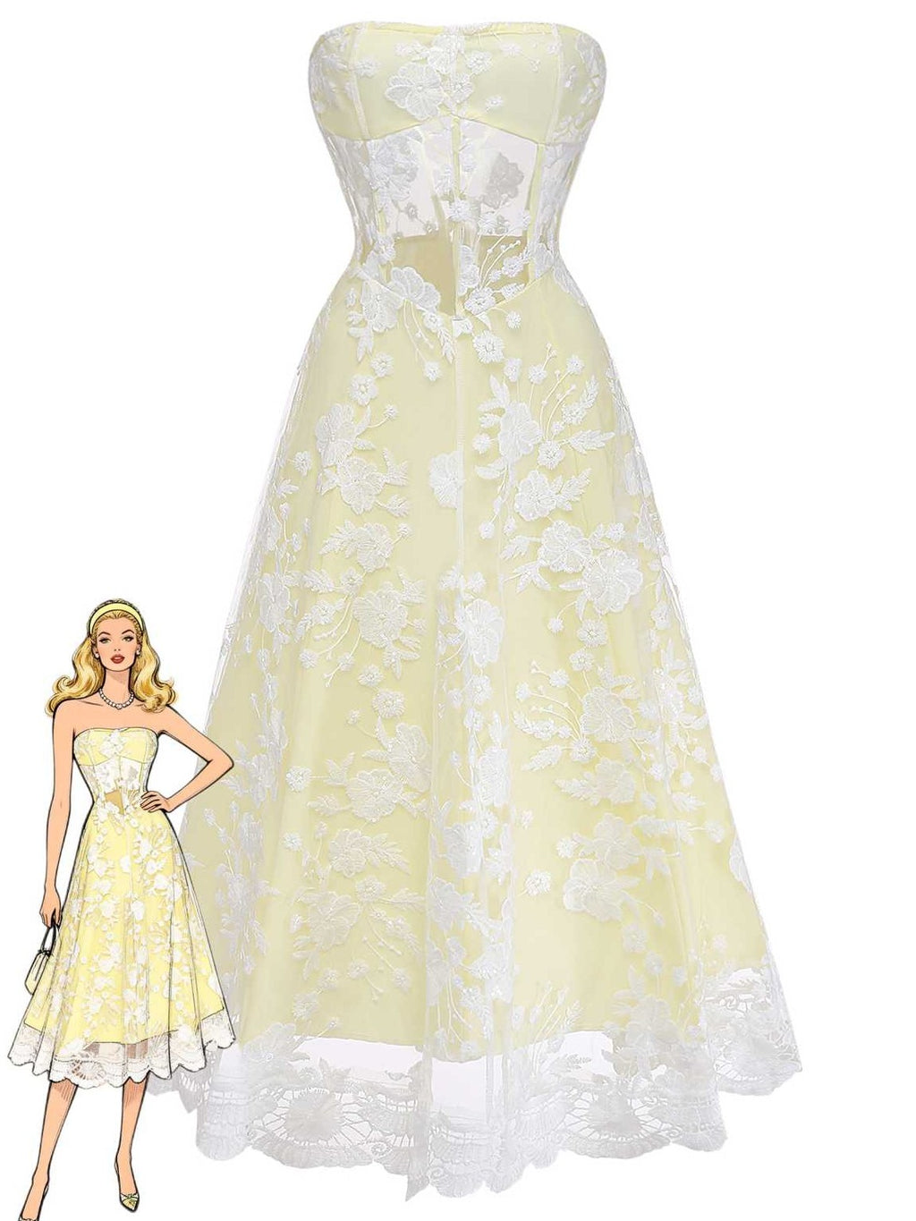 Yellow 1950s Floral Embroidery Lace Sheer Strapless Dress