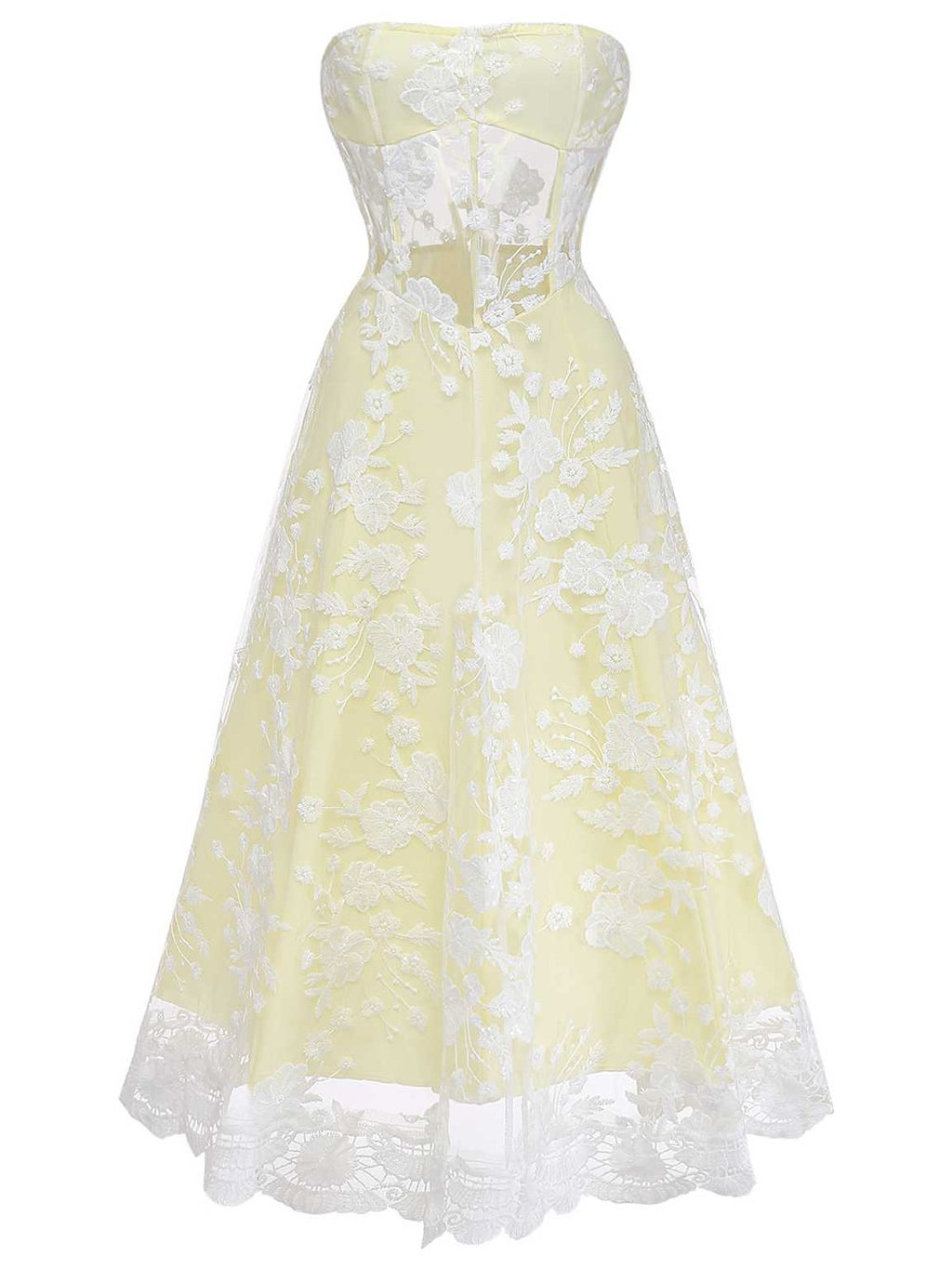 Yellow 1950s Floral Embroidery Lace Sheer Strapless Dress