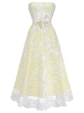 Yellow 1950s Floral Embroidery Lace Sheer Strapless Dress