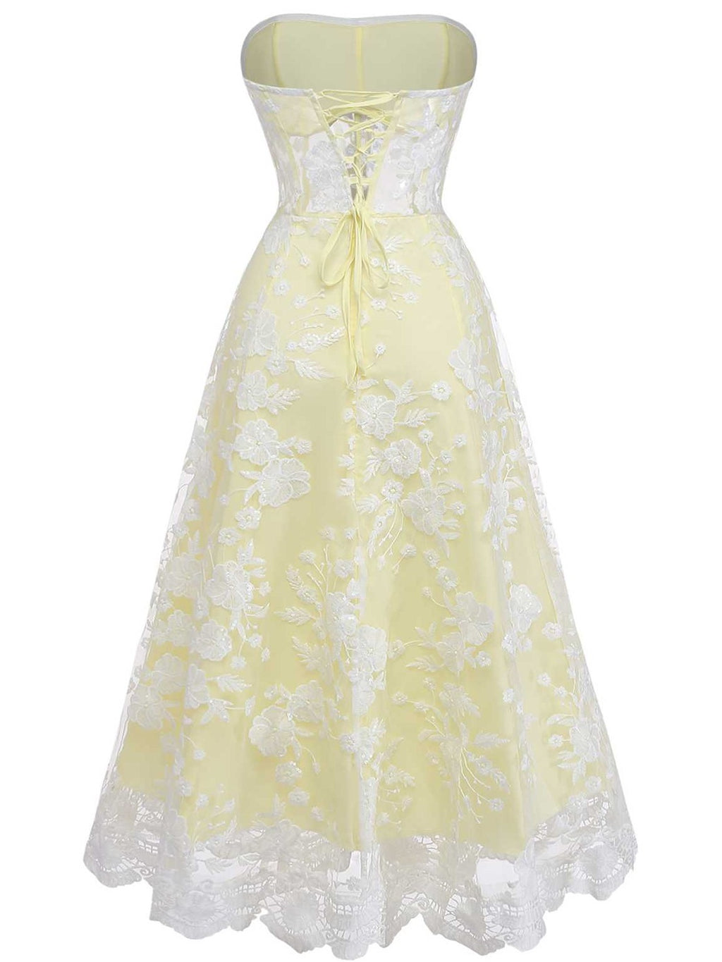 Yellow 1950s Floral Embroidery Lace Sheer Strapless Dress