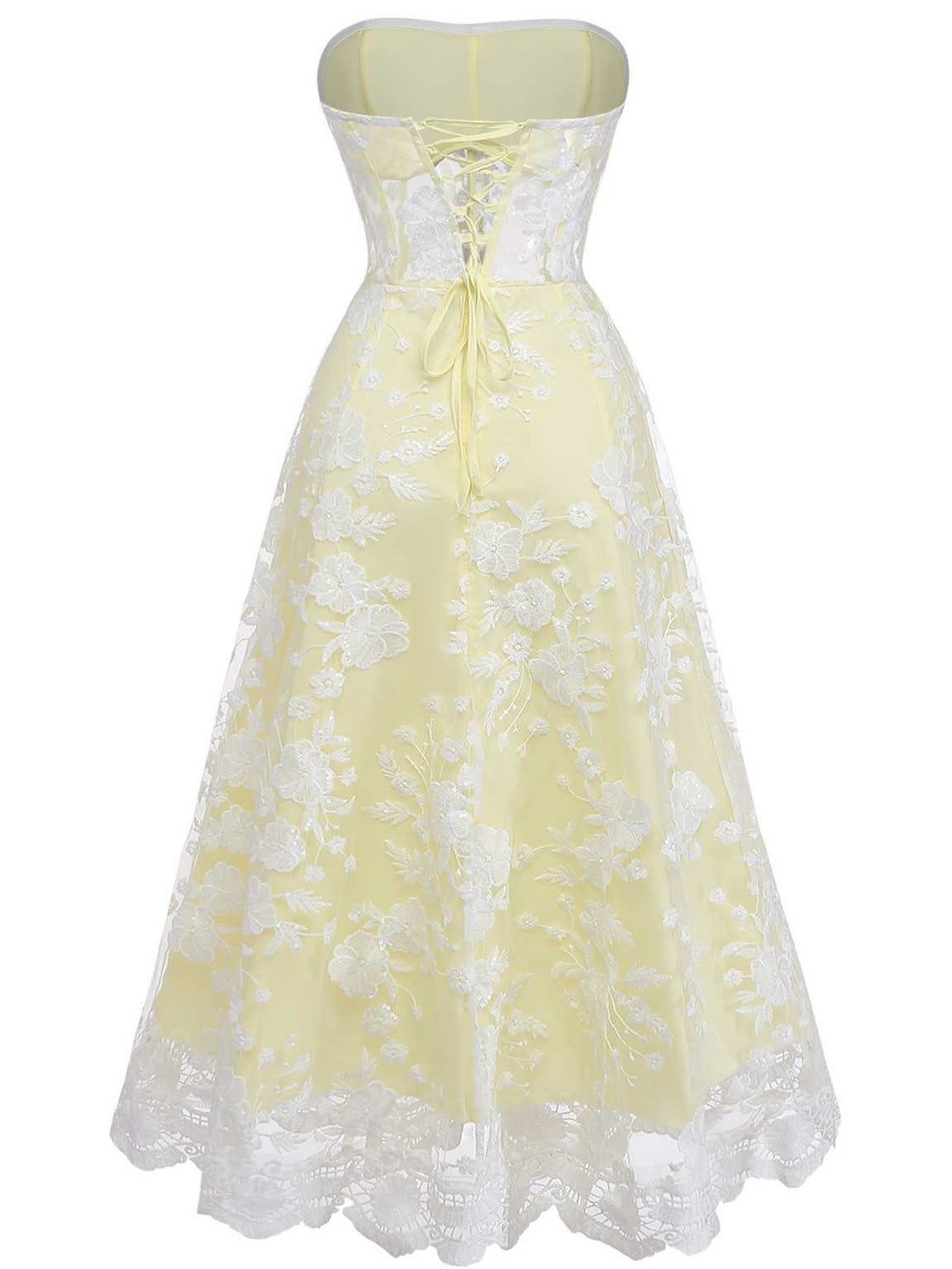 Yellow 1950s Floral Embroidery Lace Sheer Strapless Dress