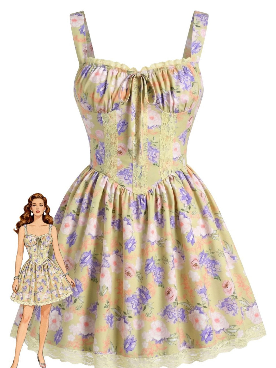 Yellow 1950s Lace Floral Patchwork Mini Dress