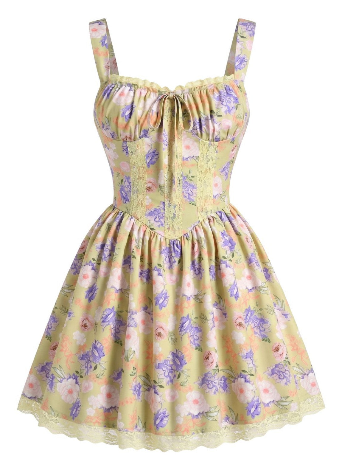 Yellow 1950s Lace Floral Patchwork Mini Dress
